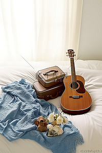 床上有一个女人旁边坐着一个装有吉他的手提箱