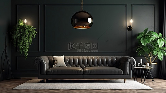 豪华深色客厅室内样机现代设计，配有黑色沙发和绿色植物 3D 渲染