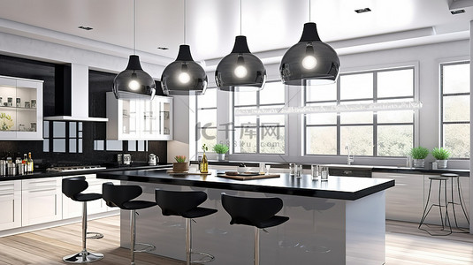 一家三代背景图片_当代黑白厨房，厨房岛 3D 渲染上配有三个吧台凳和圆形玻璃吊灯