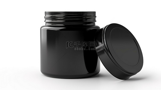 白色背景上孤立的黑色罐子包装样机的 3D 渲染