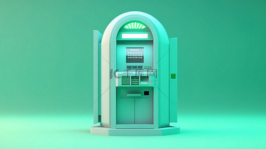 柔和的蓝色和绿色背景上的商业 ATM 技术的 3D 渲染