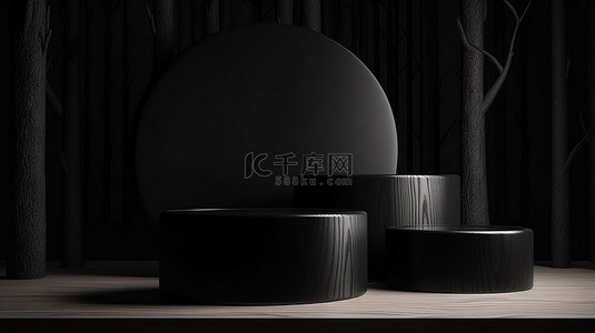 黑色背景图片_简约木质讲台，配有黑色 3D 显示屏，用于展示自然产品
