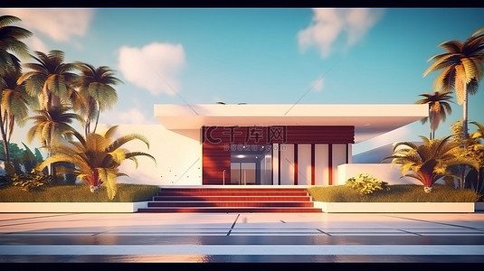 当代热带房屋的最佳 3D 插图，具有简约的外观设计