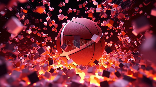 发光霓虹灯 3D 渲染中破碎的篮球