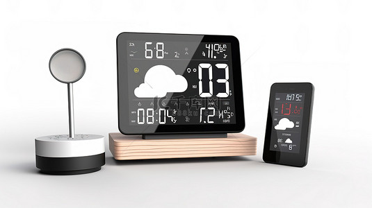 无线ap背景图片_时尚的无线家庭气象站，具有移动集成功能，在 3D 渲染的白色背景上提供实时天气更新