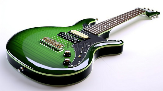 电吉他具有引人注目的绿色和黑色设计，完美隔离在 3D 渲染的白色背景上