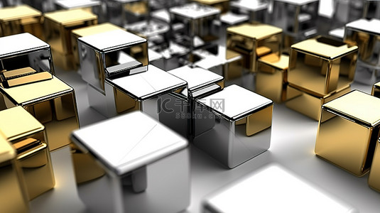 水杯放置处背景图片_放置在白色表面上的金属立方体的 3D 渲染插图