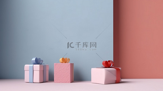粉彩墙上简约礼物盒概念的 3D 渲染
