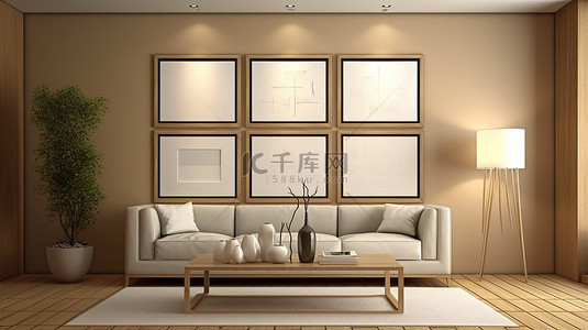 画框设计背景图片_带木板和 3D 渲染大画框的客厅