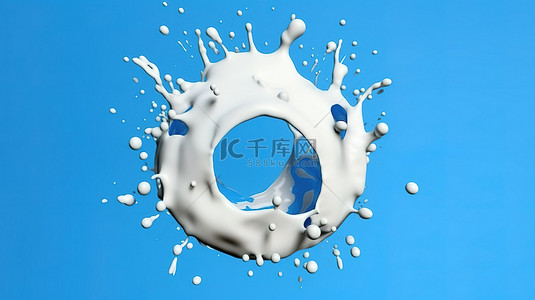 蓝色牛奶背景背景图片_牛奶飞溅的 3D 渲染在蓝色隔离背景上形成圆圈
