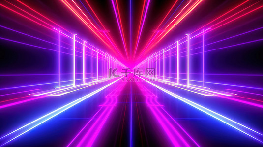荧光蓝荧光背景图片_3D 渲染抽象背景未来派霓虹激光隧道与充满活力的霓虹灯