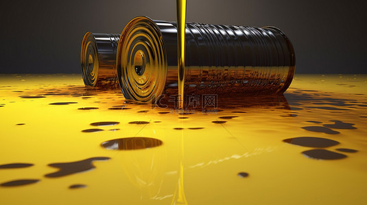 流动的油背景图片_黄色坦克在 3D 渲染中释放流动的油