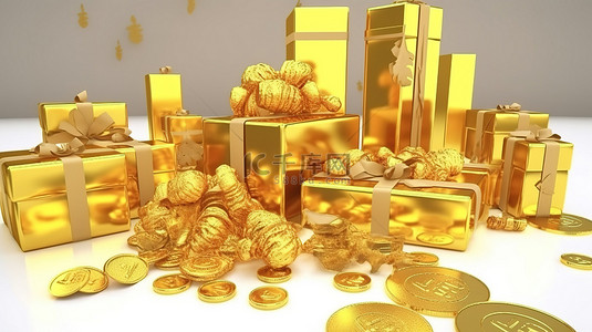 金条金币和礼品盒丰富的 3D 渲染