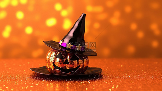 闪闪发光的万圣节杰克灯笼装饰与女巫帽子蝙蝠和橙色背景的 3D 渲染