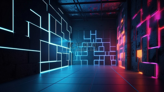 科幻风格的混凝土房间，在未来派 3D 渲染中被充满活力的霓虹灯照亮