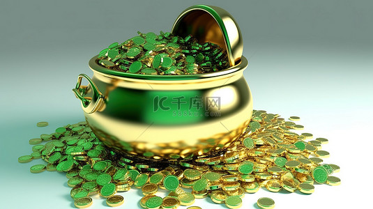 白色背景的 3D 渲染，铁锅里装满了金币，还有一个戴着绿帽子的精灵
