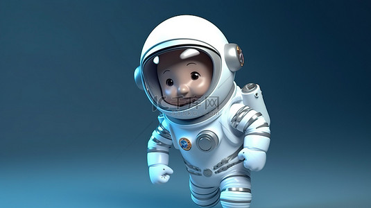 穿着宇航服拿着太空火箭的卡通宇航员的 3D 渲染