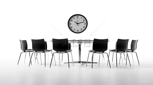 会议商务背景背景图片_椅子聚集在桌子周围的 3D 渲染，白色背景上的中心有秒表