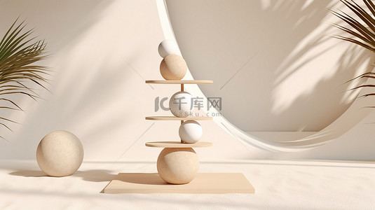 几何形状和棕榈树完美平衡的 3D 渲染静物装置