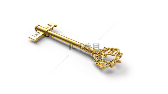 金钥匙背景图片_白色背景上闪亮的金钥匙的 3D 渲染
