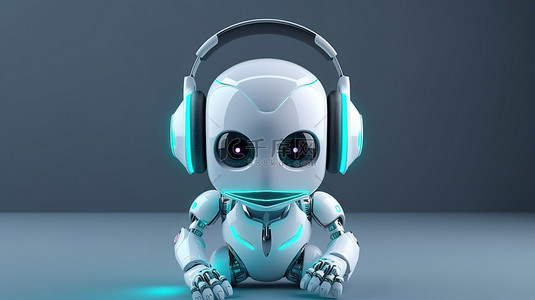 佩戴胸章背景图片_卡通风格人工智能机器人在 3D 渲染中佩戴耳机