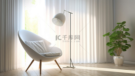 阳光白色背景图片_明亮通风的空间 3D 渲染房间，配有阳光白色椅子和高落地灯
