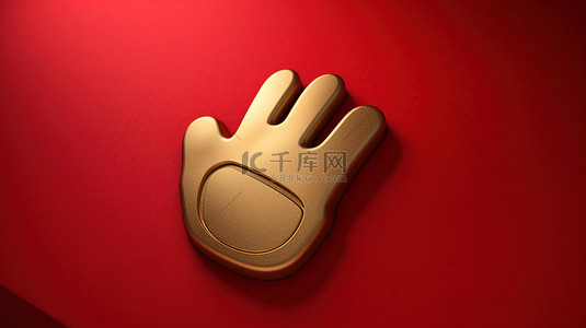 金色板背景图片_哑光红色和金色板上的手套标志闪亮的金色手饰符号 3D 渲染的社交媒体图标