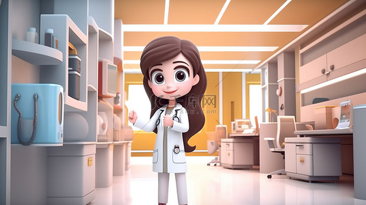 一位女性医疗专业人员的卡通人物在医院内的 3D 渲染中竖起大拇指