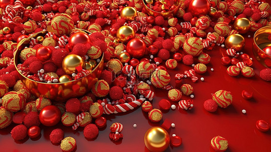 3D 喜庆红色表面的圣诞快乐，装饰着雪花糖果铃金色装饰品和圣诞球