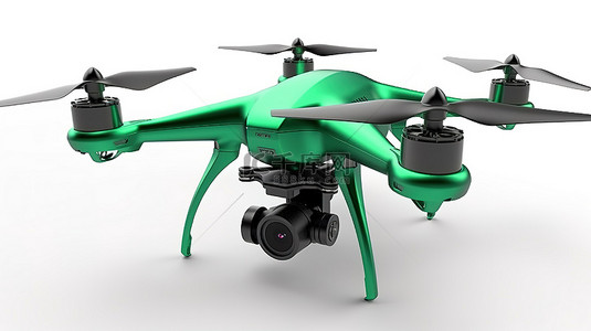白色背景以 3d 形式展示了现代绿色遥控无人机，配备了运动相机并在飞行中