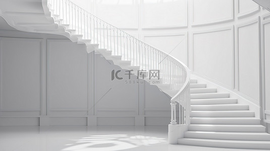 简约的楼梯，具有倒置视图和光滑的栏杆 3D 插图