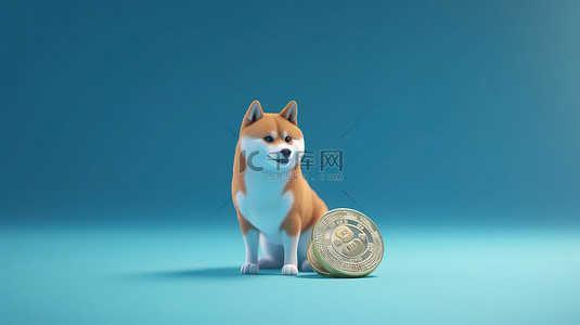 shiba inu 与 dogecoin 蓝色背景上的 3d 渲染