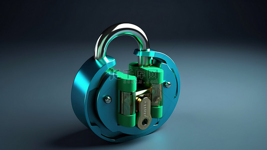 开蓝色背景图片_蓝色和绿色解锁挂锁的 3D 渲染插图，显示钥匙孔