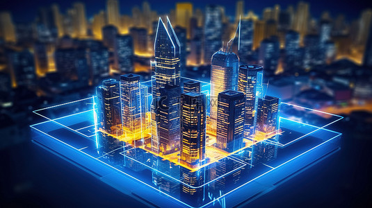 城市连接背景图片_未来智能建筑在 3D 渲染中点亮科技驱动的大都市
