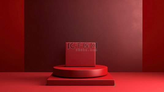 简约的深红色 3D 产品展示背景，带有抽象方块和用于产品摄影的讲台架