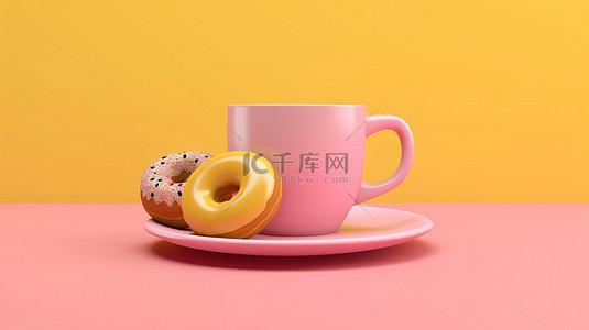 3d 创建的柔和黄色背景上充满活力的甜甜圈和咖啡杯
