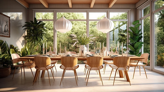 家居背景图片_自然环绕的大型 3D 渲染餐厅，具有现代风格