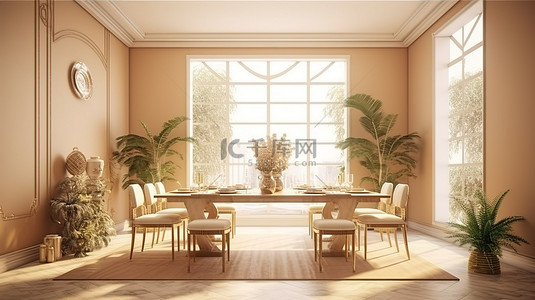 优雅的 3D 渲染米色餐厅沐浴在奢华的阳光下