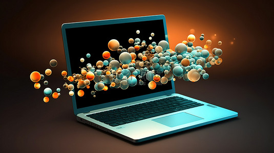 带有电子邮件气泡聊天的笔记本电脑的 3D 设计，描绘了基于互联网的社交网络和数据连接的概念