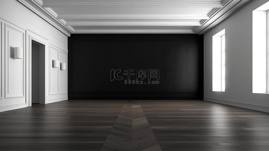 无人房间中白色木地板和黑色油漆墙的真实 3D 渲染