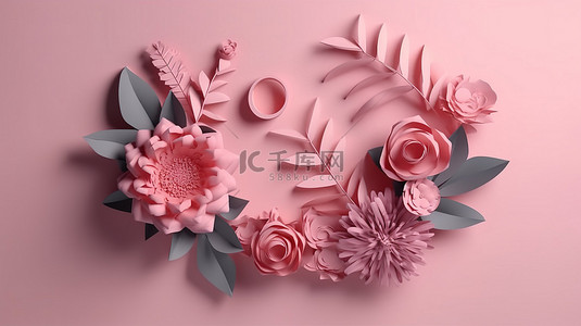 柔和的粉红色背景上的 3d 文本中的纸花和叶爱