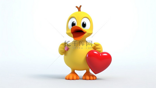可爱的鸭子吉祥物，带有 3D 红心，白色背景