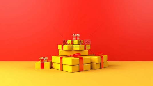 黄色背景，带有悬浮礼物 3D 渲染的红色盒子，上面有黄色蝴蝶结和文本空间