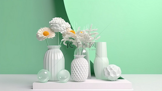 粉花效果背景图片_高架展示架，带 3D 效果装饰玻璃花瓶鲜花和柔和的绿色和白色背景