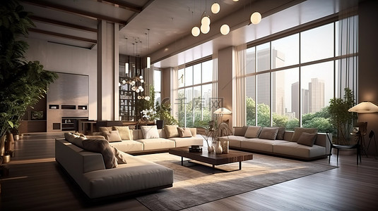 现代房屋或酒店的令人惊叹的 3D 渲染，具有奢华的室内设计