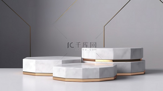 优雅的六边形讲台展示豪华的白色花岗岩，用于化妆品的几何 3D 渲染