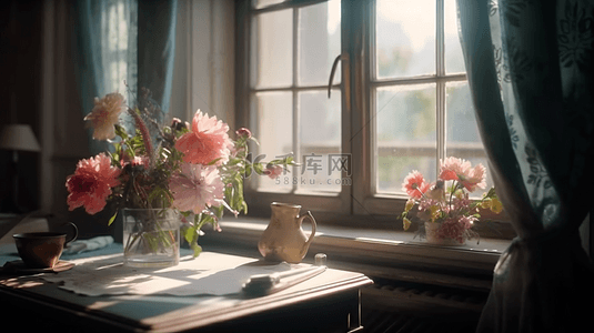 芍药花束窗台阳光花卉背景