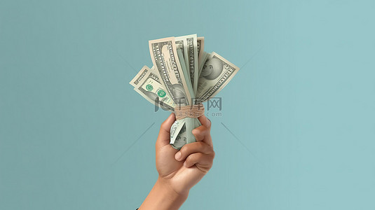 手卡通手背景图片_卡通手在孤立的背景下紧握一捆现金的 3D 插图