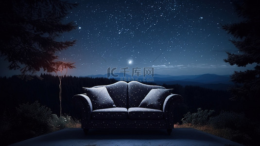 户外沙发的 3D 插图，带有神秘的夜空，以黑森林和闪闪发光的星星为特色