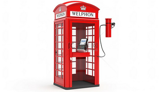 标志性的英国红色电话亭的现代风格，白色背景上带有 wi fi 符号 3d 渲染